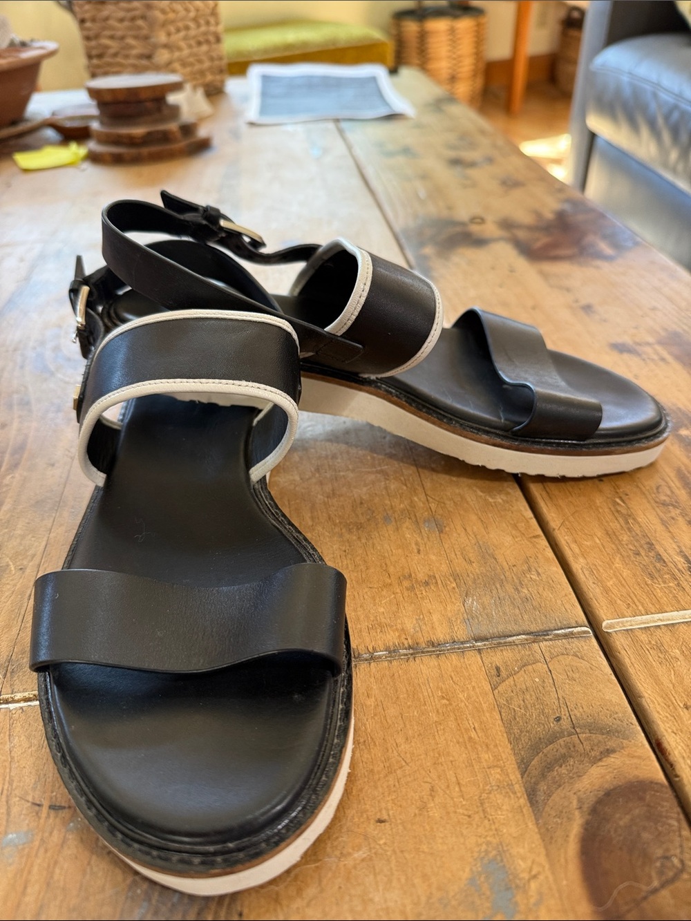 Cole Haan Grand.OS Black Leather Double Strap Slingback Wedge Sandals Size 8B